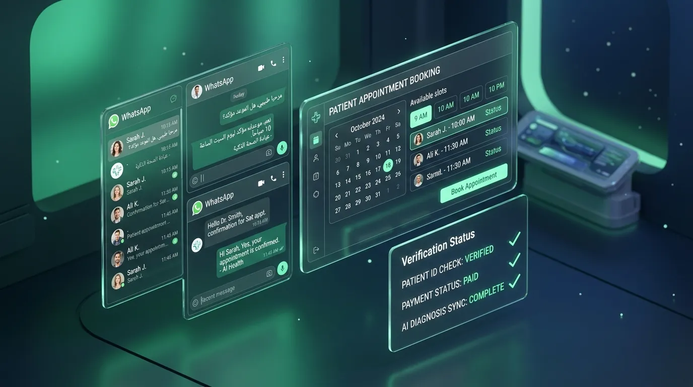 Digital mockup of a WhatsApp AI sales agent confirming a patient appointment booking and verification status for a Dubai clinic