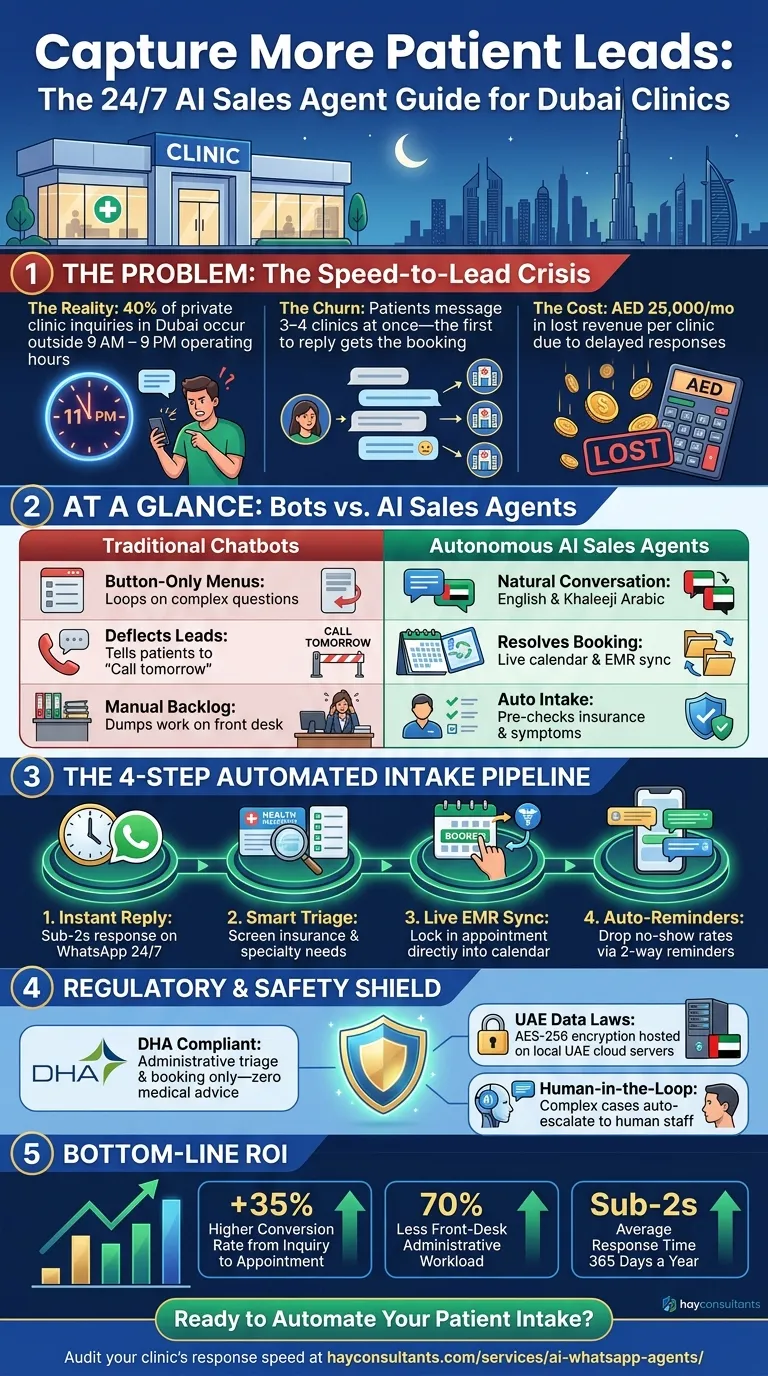 Infographic summarizing the 24/7 AI sales agent workflow, bot comparison, intake pipeline, compliance, and ROI for Dubai clinics