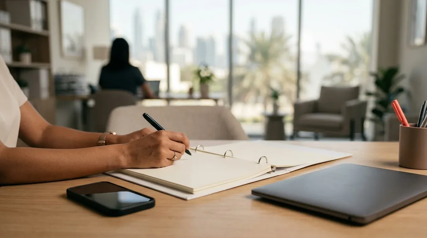 A hand writing with a pen in an open ring-bound notebook on a desk, with a phone and a closed laptop nearby