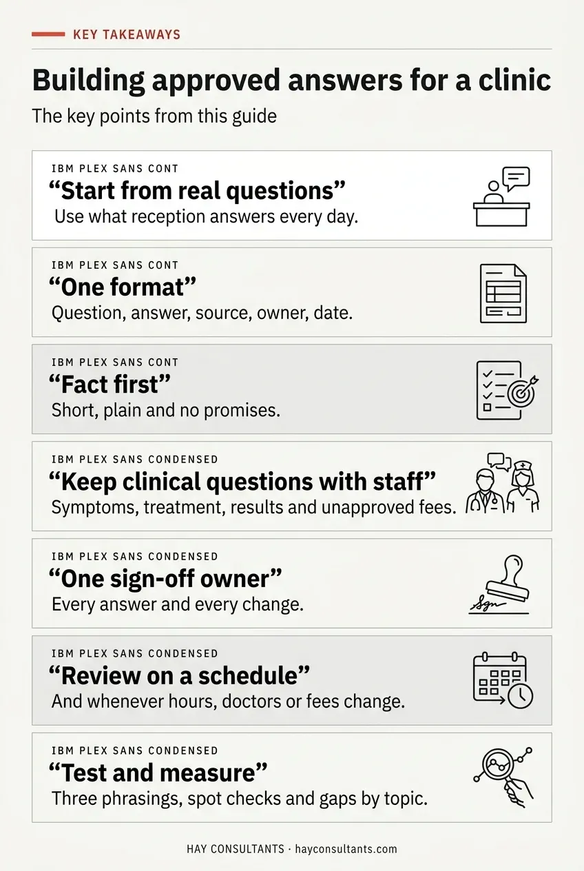 Infographic summarizing the key takeaways of this guide: start from real questions, one format, fact first, keep clinical questions with staff, one sign-off owner, review on a schedule, and test and measure