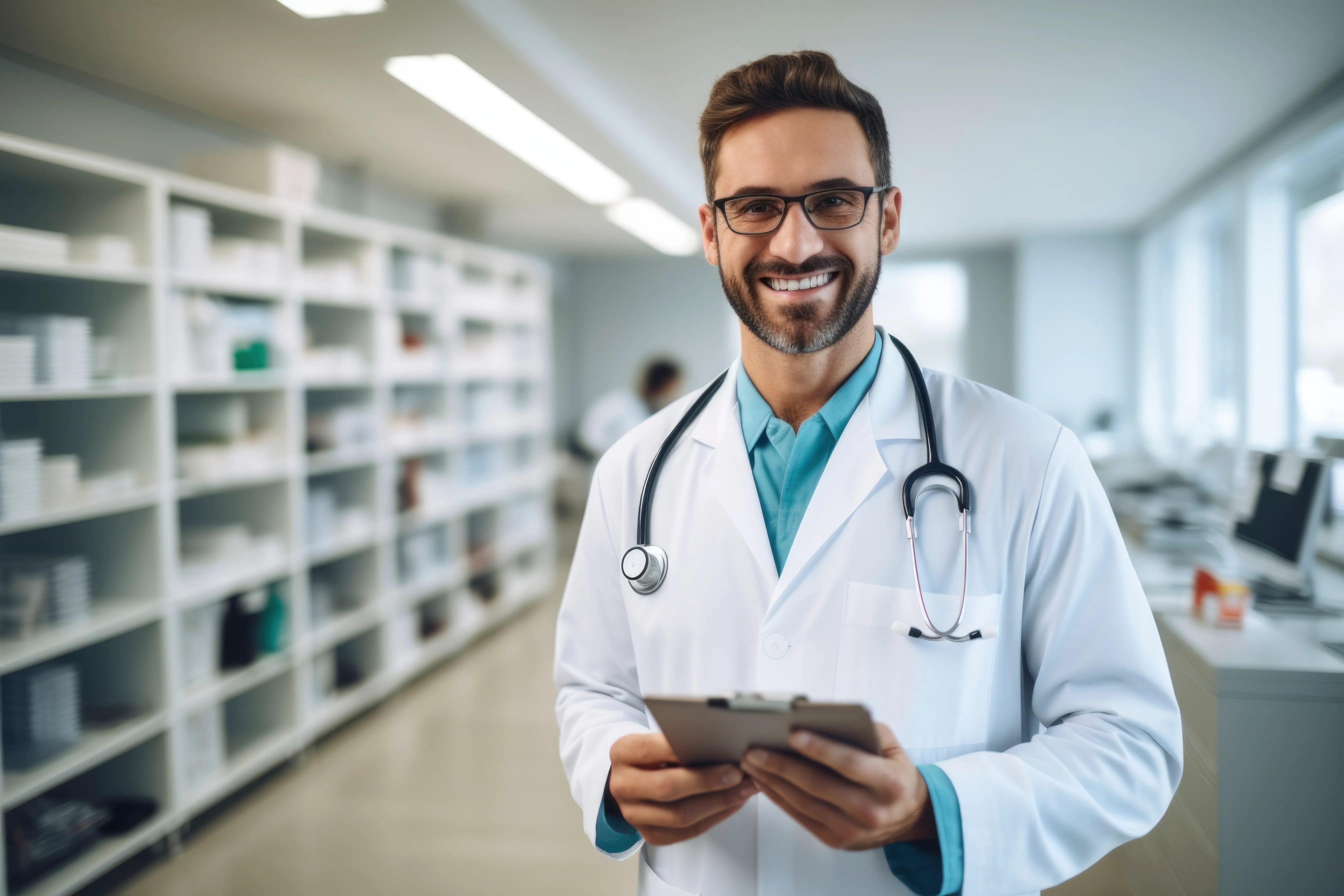 Smiling pharmacist holding a clipboard among pharmacy shelves