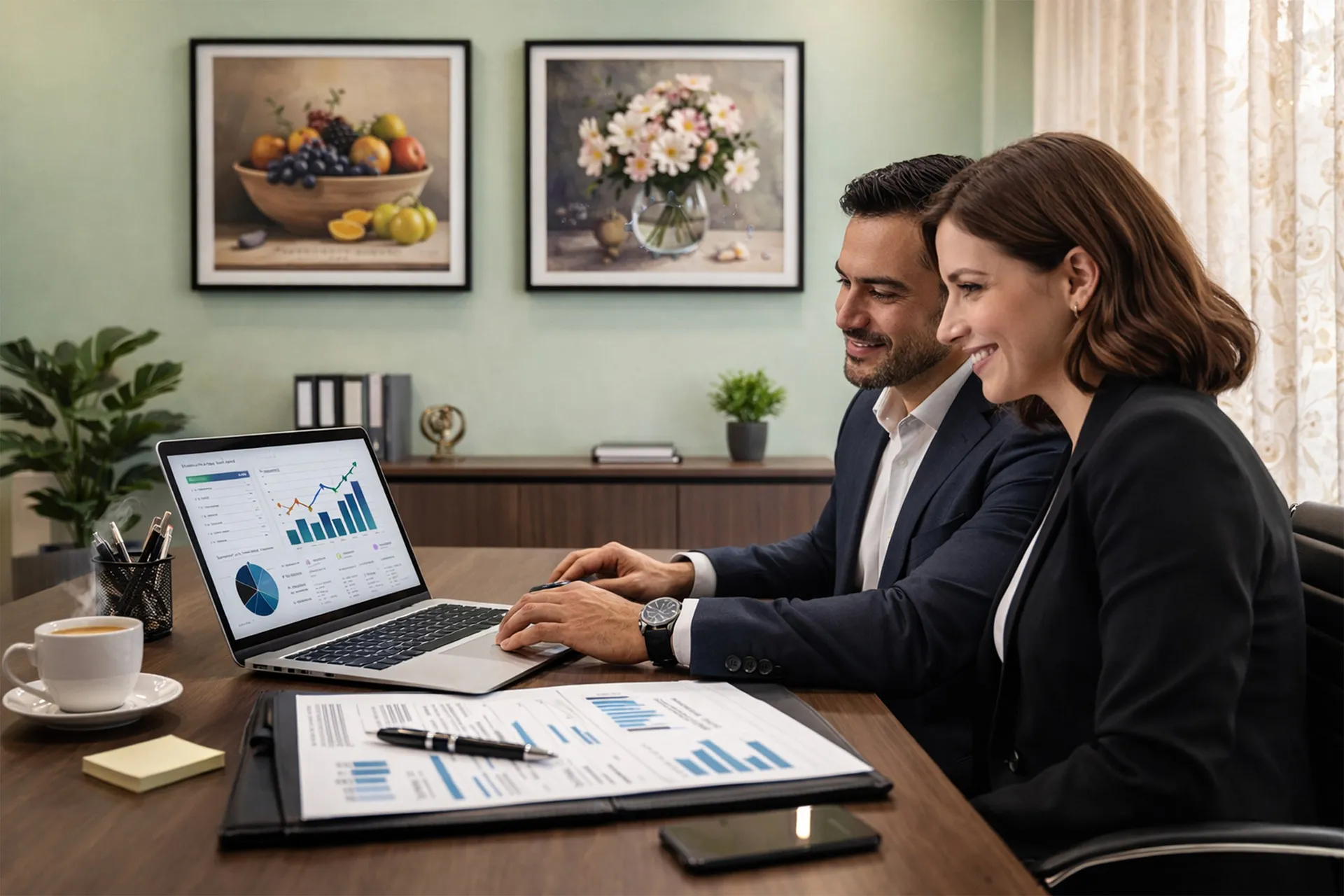 HAY Consultants healthcare financial consultants reviewing performance data with a healthcare business owner