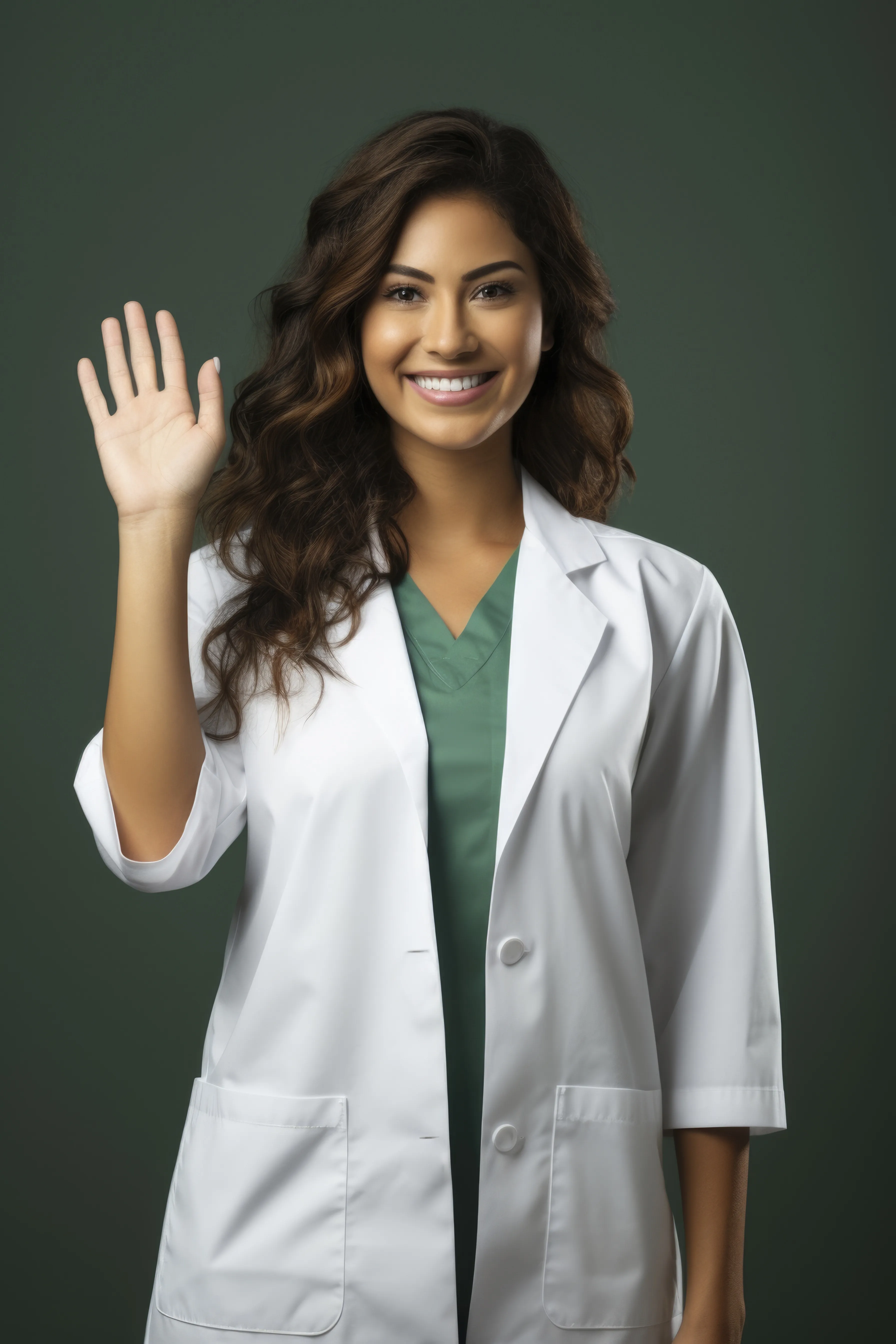 Smiling doctor in a white coat waving in an Ajman healthcare facility