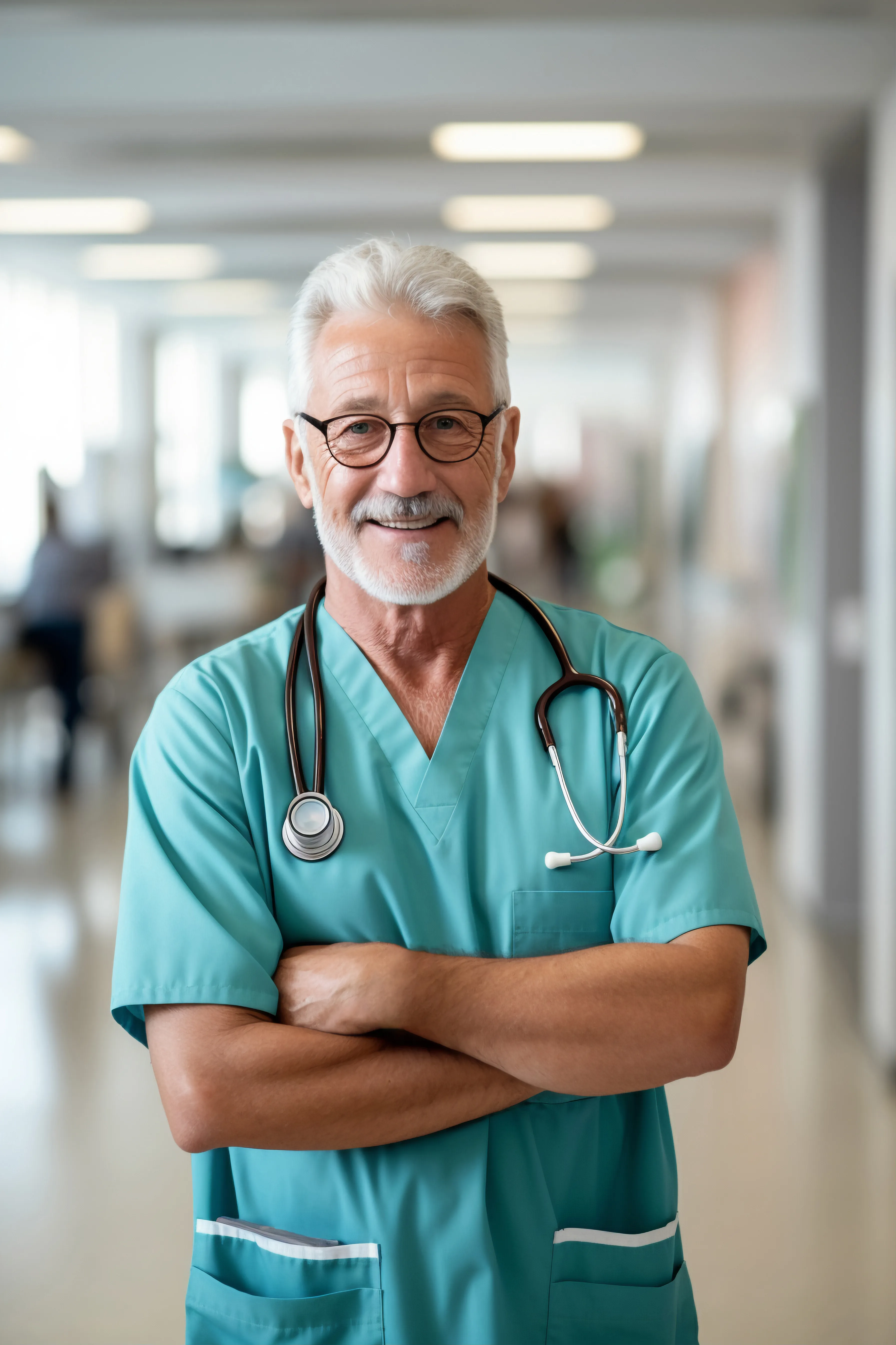 Smiling doctor in scrubs with a stethoscope in a Sharjah hospital