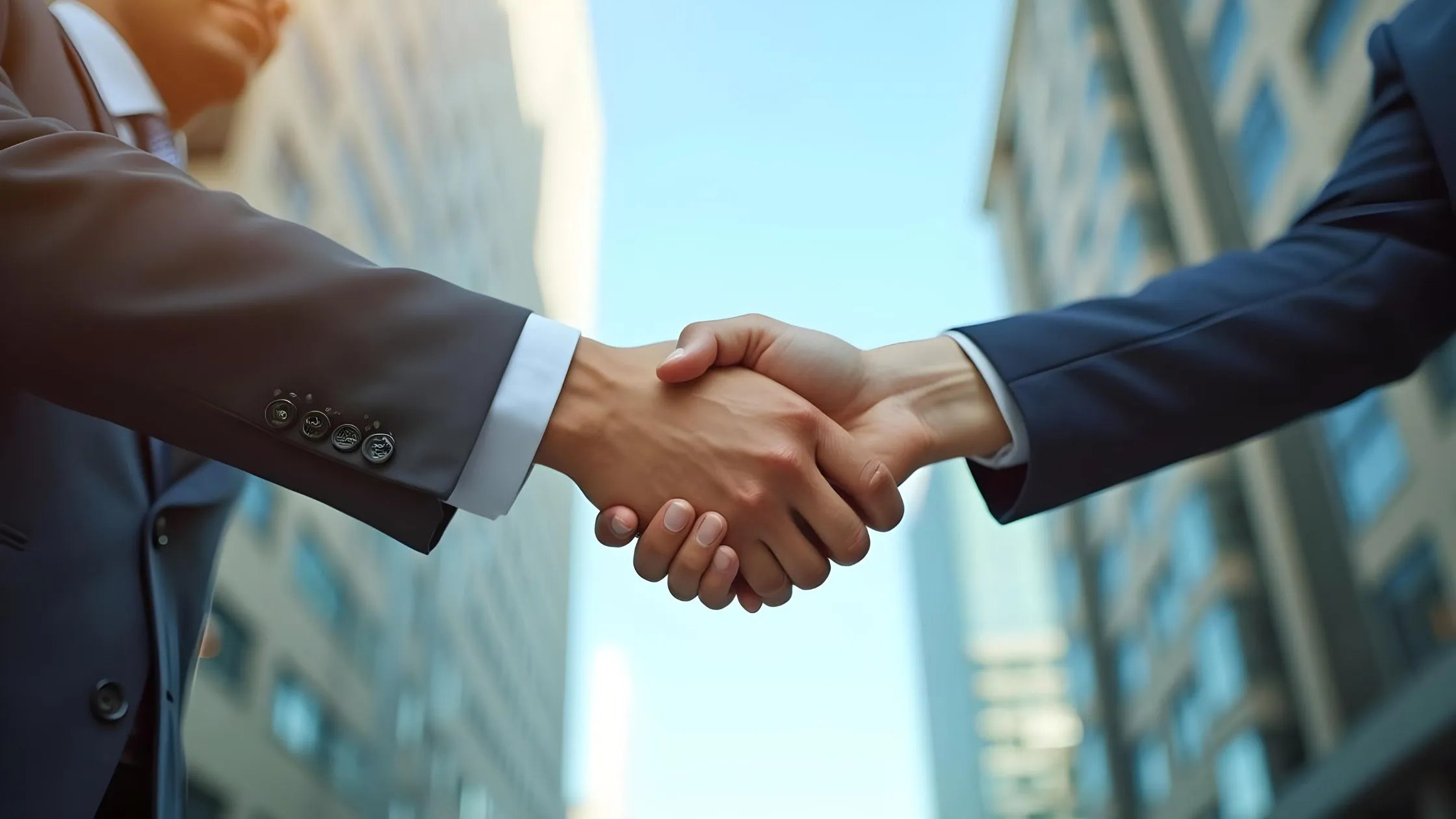 Healthcare business leaders shaking hands in front of a modern UAE business district, representing strategic healthcare consulting