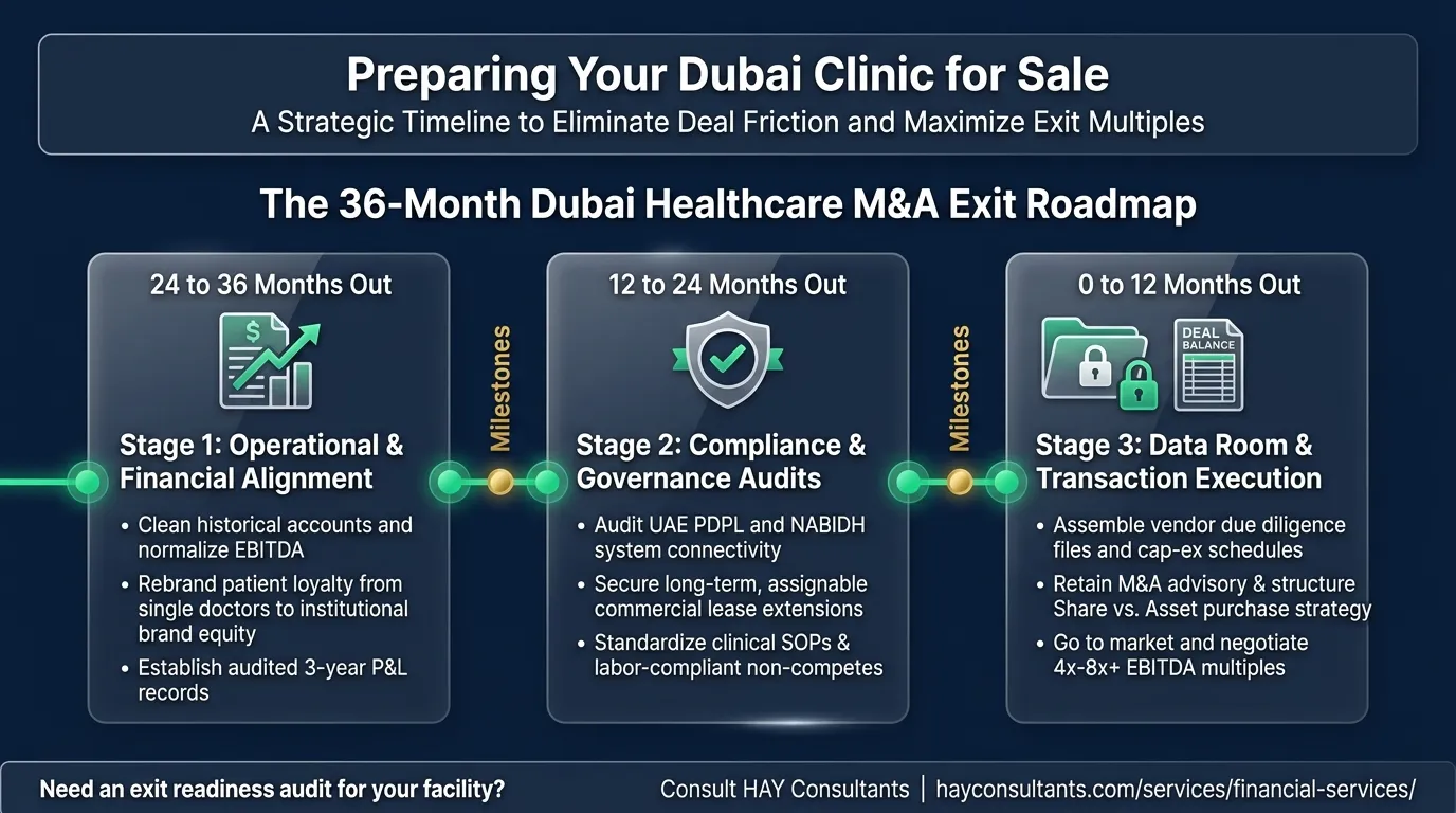 36-month timeline for preparing a Dubai healthcare facility for sale: financial normalization, compliance audits, and data room and transaction execution stages