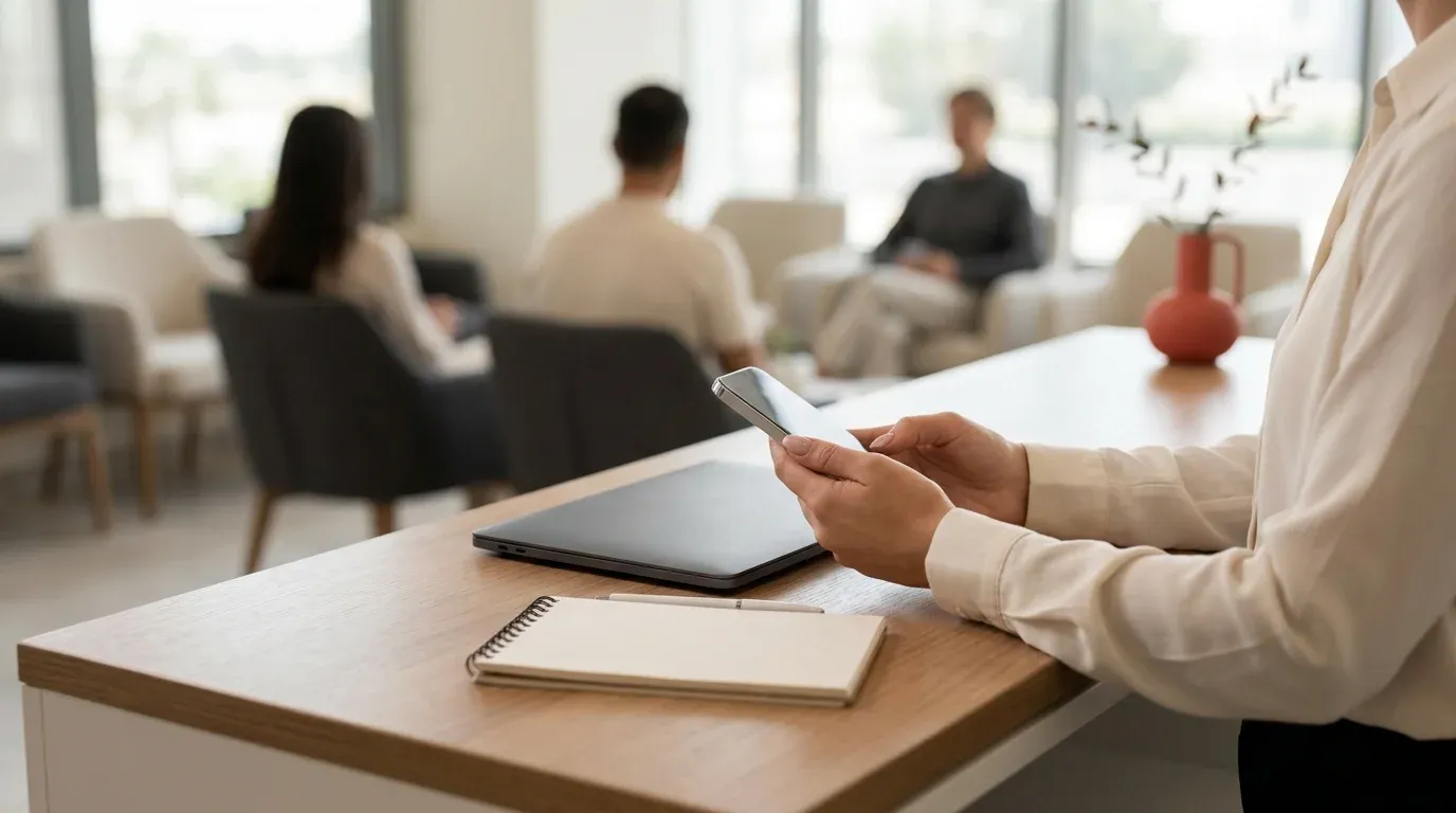 A receptionist's hands holding a phone at a clinic reception desk, with a waiting area softly out of focus in the background