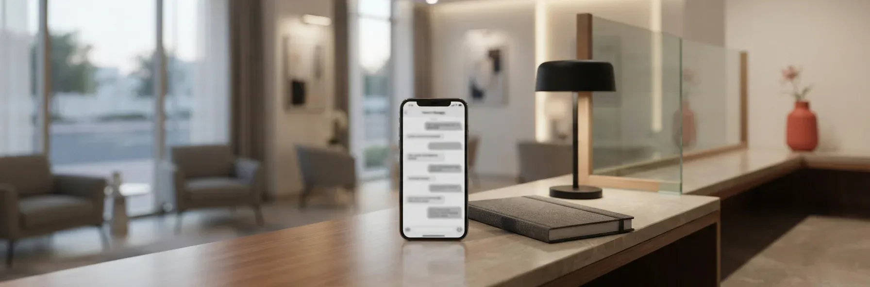 Smartphone showing a WhatsApp chat thread on a clinic reception counter