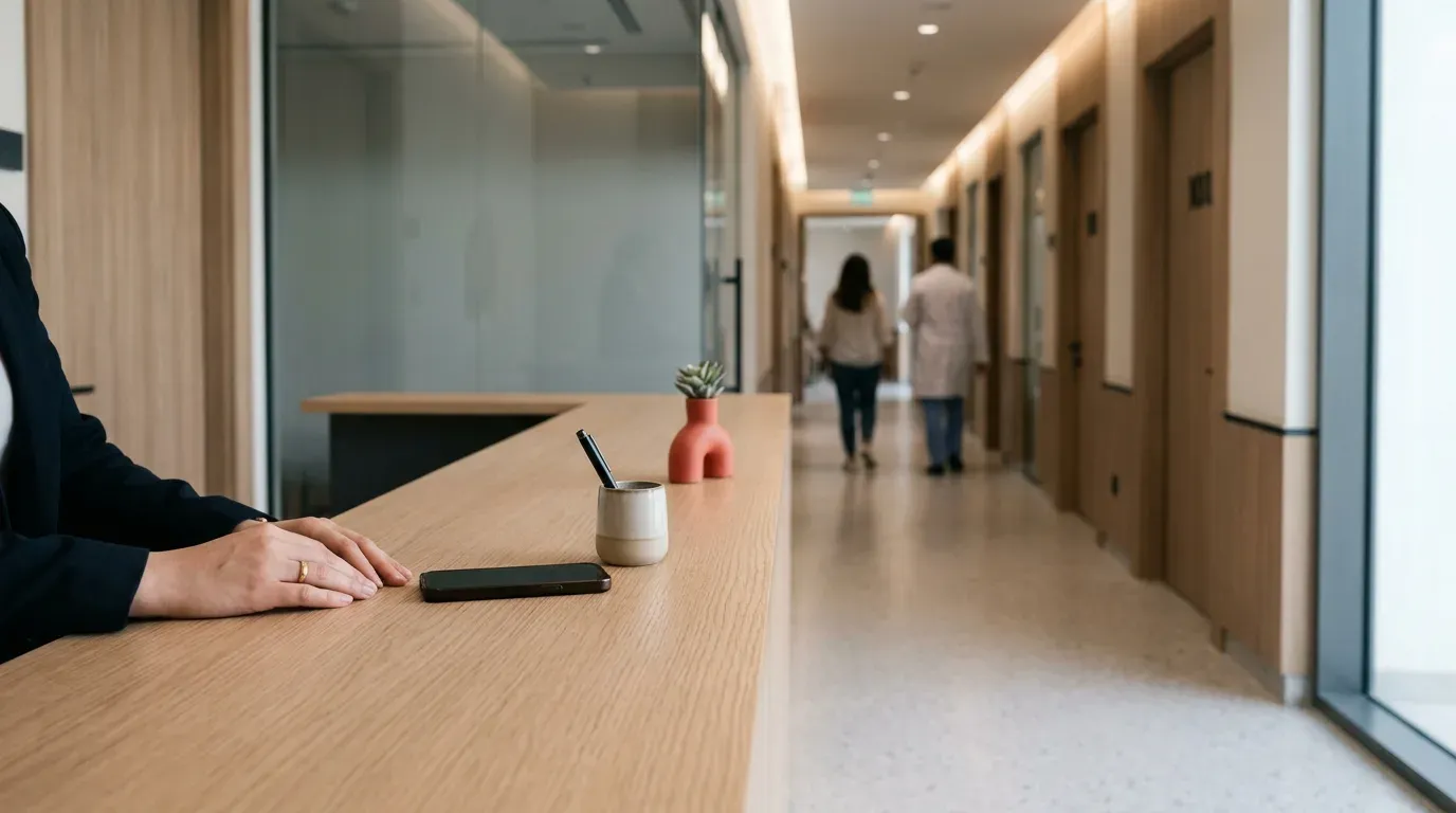A receptionist's hands resting on a clinic reception desk, with a corridor of consultation-room doors softly out of focus behind