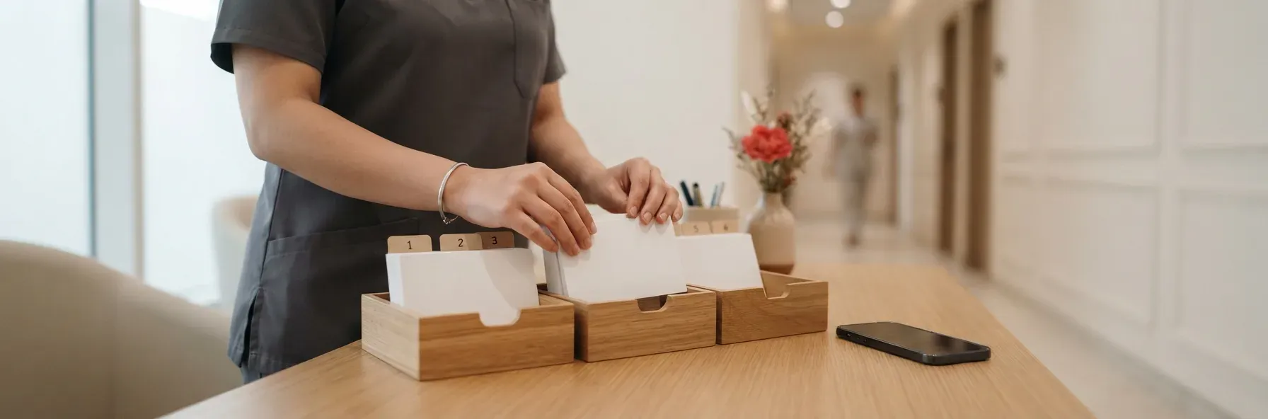 Hands sorting blank cards into three trays on a clinic coordinator's desk